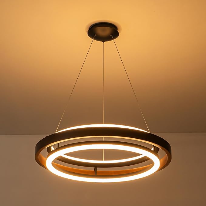 Modern Wooden LED Chandelier, 24" Dimmable Farmhouse Walnut Color Round Dining Room Light Fixtures, 2 Ring Wood Hanging Pendant Light for Kitchen Island Over Table Bedroom Office Living Room