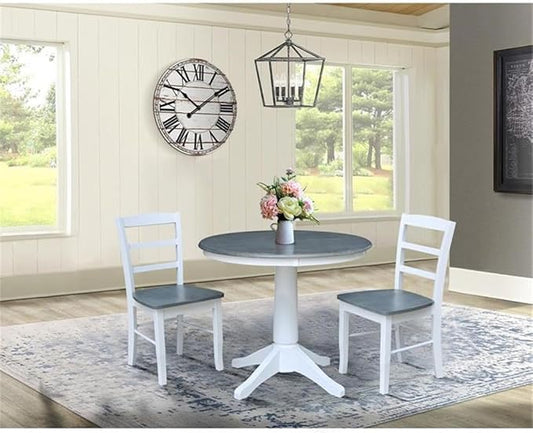 IC INTERNATIONAL CONCEPTS 36 in. Wood Dining Table with 2 Madrid Ladderback Chairs in White/Heather Gray