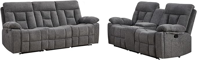 EBELLO 2 Pieces Recliner Sofa Couch Furniture Set, Overstuffed Reclining Loveseat Recliner Couch and Wide 3PC Bonded Sofa Set for Living Room, Light Grey