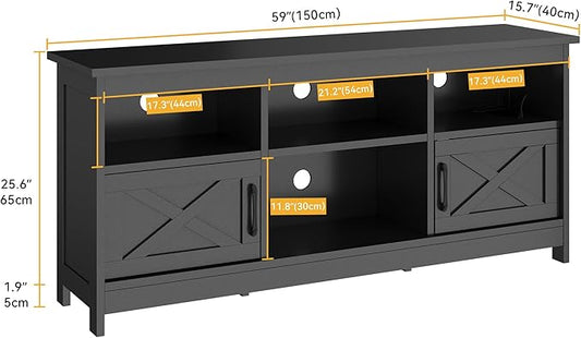 DWVO Farmhouse TV Stand for 65 Inch TV, Black Entertainment Center with LED Lights & Power Outlet, TV Media Console with Storage for Living Room, Black