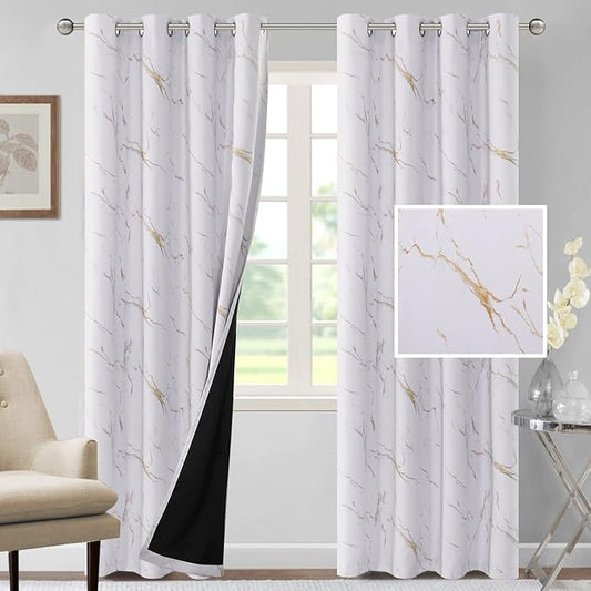 H.VERSAILTEX 100% Blackout Curtains 84 inch Length 2 Panels Set Marble Designs Printed Drapes Thermal Curtains for Bedroom with Black Liner Sound Proof Curtains, Gold