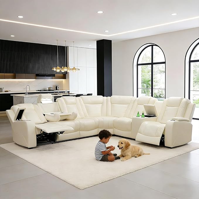 Power Reclining Sofa Set with LED Light, Living Room Furiture Set,Leather Reclining Sectional Couch with USB Port/Cup Holder for Living Room Home Office (