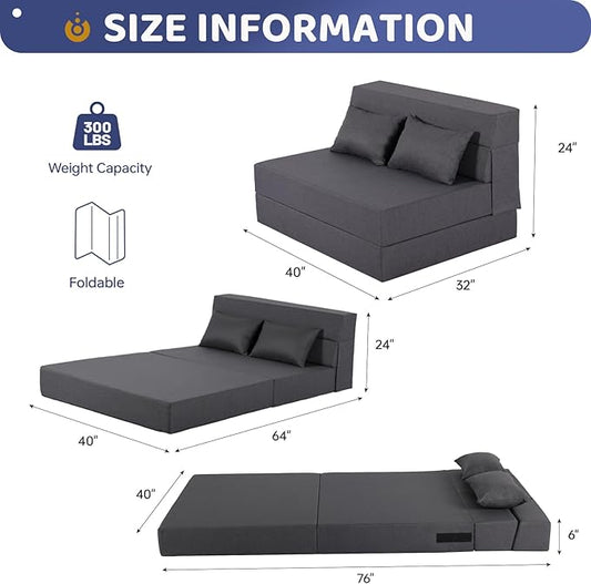 Fvkind Folding Sofa Bed, Foldable Sleeper Chair with Pillow, Convertible Fold Out Chair Bed with Washable Cover, Foldable Mattress for Living Room, Bedroom, Guest Room, Single Size, Dark Grey