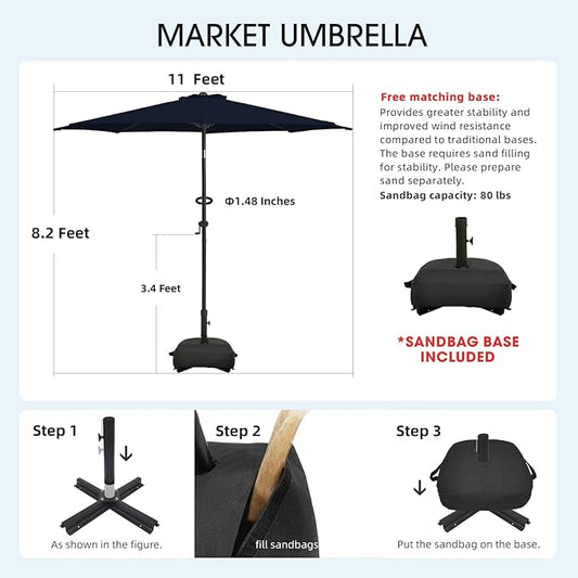 wikiwiki 11FT Patio Umbrella with Base, Outdoor Umbrellas with Base Included, 8 Sturdy Ribs, Waterproof Fade Resistant POLYESTER DTY Canopy for Deck, Lawn, Garden, Backyard & Pool, Navy