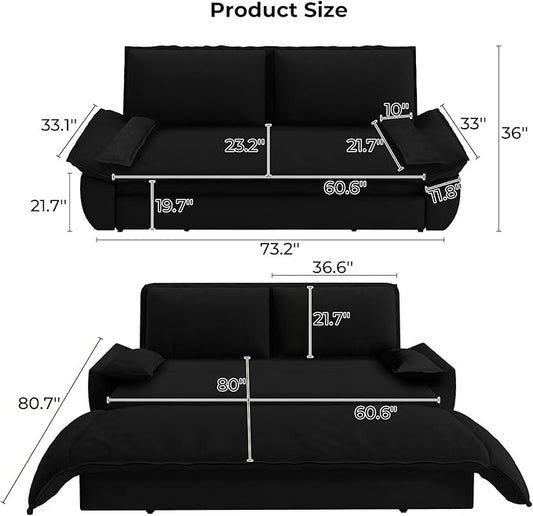 Yafylly Queen 3 in 1 Convertible Sleeper Couch, Full Size Velvet Loveseat Pull Out Sofa Bed, Futon Lounge Chair with Pillows for Living Room, Bedroom, Apartment, Office,Black