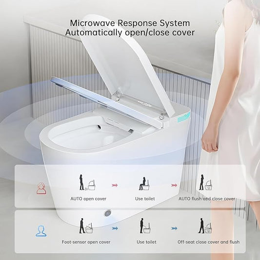 Smart Toilet with Bidet Built In, Foot Sensor Operation, Elongated Tankless Toilet with Automatic Flush, Dual Flush, Heated Bidet Seat for Bathrooms