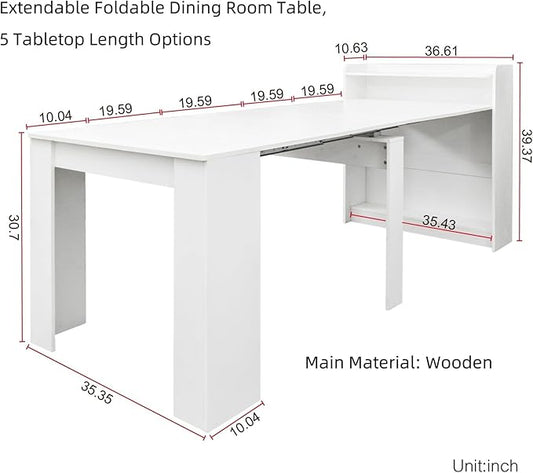 KEIKI 30”-99”L Extendable Foldable Dining Room Table with Storage for 1-10 People, Wood Modern Rustic Rectangle Expandable Kitchen Living Meeting Room Furniture, 5 Tabletop Length Options, White