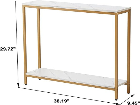 loglus Console Table for Entryway, Faux Marble MDF Sofa Table with Golden Frame (Double Layer, White Marble)