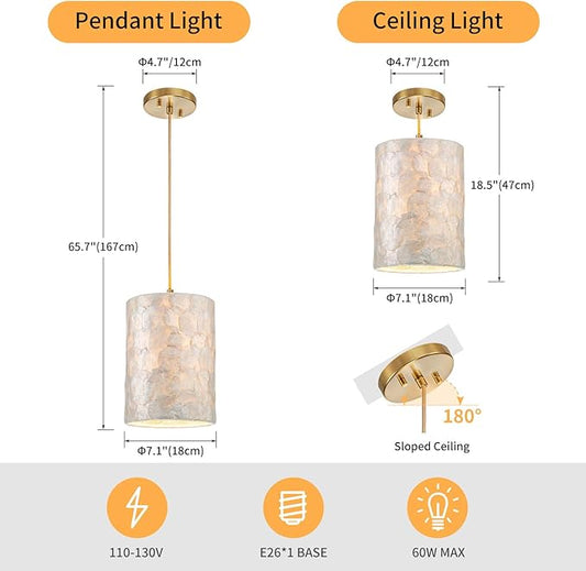 1-Light Capiz Shell Chandelier, Coastal Design, Modern Pendant Light Fixture for Dining Room, Living Room, Kitchen Island, D7 x H18~66"(Adjustable Height), Shell Lampshade & Gold Finish Frame