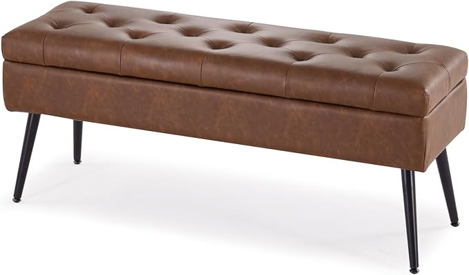 CUYOCA Storage Ottoman Bench Bed, 40" Faux Leather Tufted Entryway Bench, Long Ottoman with Storage for Living Room, Support 660lbs - Retro Brown