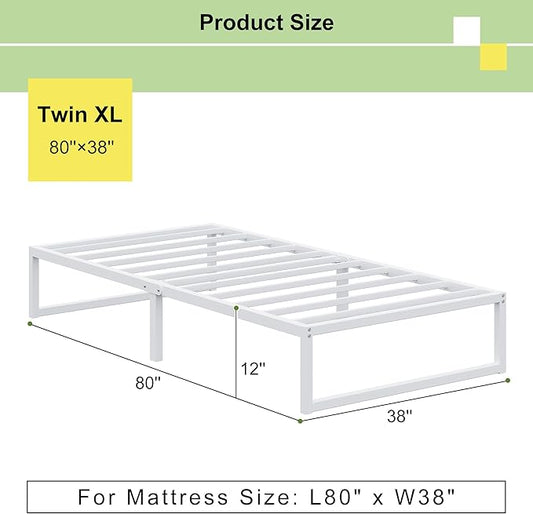 EMODA 12 Inch Twin XL Bed Frame, Metal Platform Bed Frame No Box Spring Needed, Heavy Duty Steel Slats Support, Easy Assembly, Noise Free, White