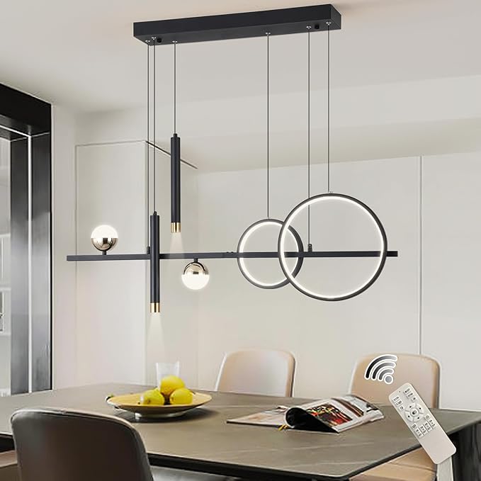 Modern LED Pendant Lights, Dimmable 39in Linear Wave LED Chandelier Lighting, Black & Gold Dining Room Hanging Light Fixtures Kitchen Island Globe Pendant Light for Dining Table (2704lm)