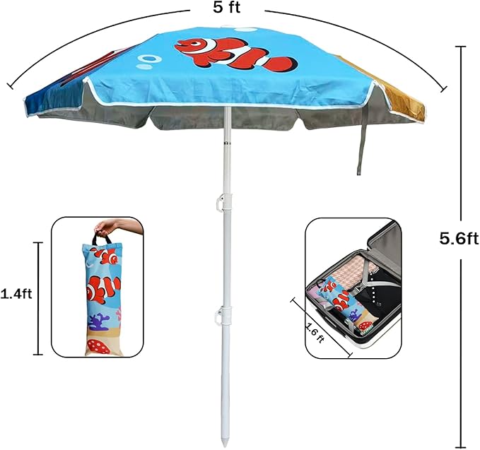 LOTTAFUN Water Table Umbrella Kid 5ft Beach Umbrella - Heavy Duty Wind Resistant UV 50+ Portable Sun Shade with Sand Anchor & Carry Bag, Outdoor Folding Umbrella for Beach,Pool,Patio,Garden (Fish)