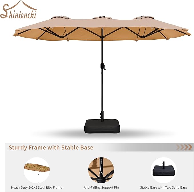 Shintenchi 16FT Large Patio Umbrella with Base Included, Outdoor Double-Sided Rectangular Shade with Crank Handle for Poolside Lawn, Deck & Garden, Khaki
