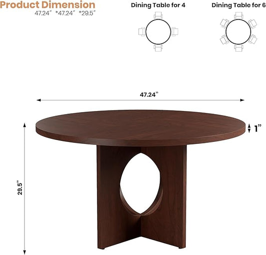 IDEALHOUSE 47" Round Dining Table, Kitchen Table for 4-6 People, Circle Tables with Sturdy Pedestal Base, Space Saving Dinning Room Furniture for Living Room, Kitchen, Apartment, Walnut