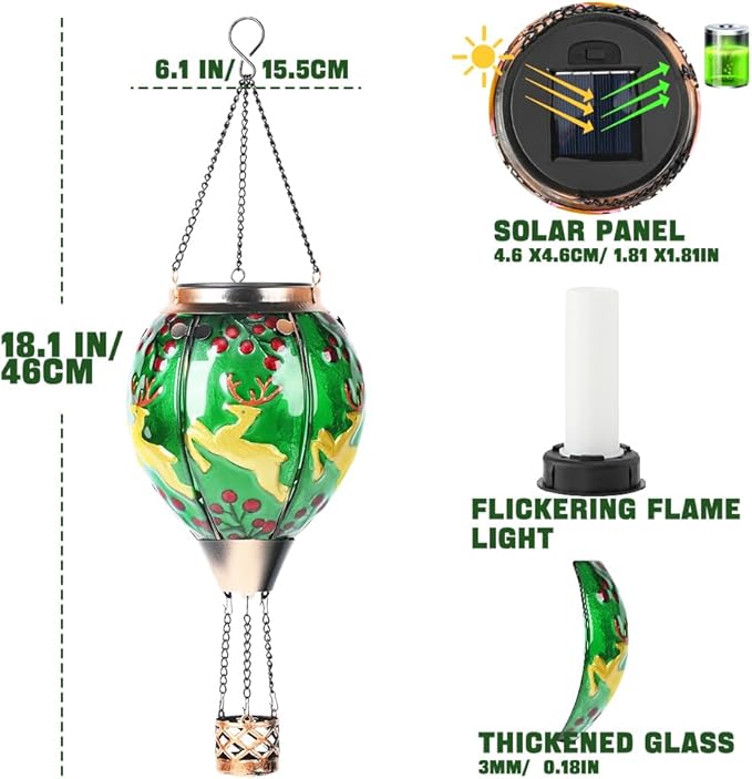 Solar Powered Hot Air Balloon Lantern - Reindeer Glass Lantern, Simulated Flickering & Dancing Flame, Outdoor Hanging Yard Light Waterproof IP65 for Patio Lawn Porch Christmas Decor Gift