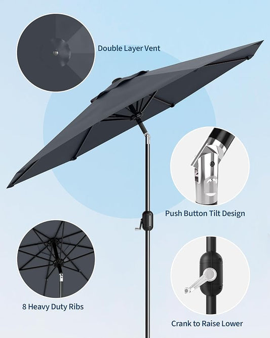GarveeLife 9 ft Patio Umbrella, Outdoor Table Market Umbrella with Push Button Tilt and Crank, 8 Sturdy Ribs UV Protection Waterproof for Garden, Deck, Backyard, Pool (Grey)
