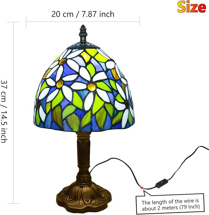 Crefotu Tiffany Style Table Lamp, 3 Color Temperatures Bedside Lamp, 8 Inch Stained Glass Desk Light for Home Office Bedroom Living Room (White Petal Pattern)
