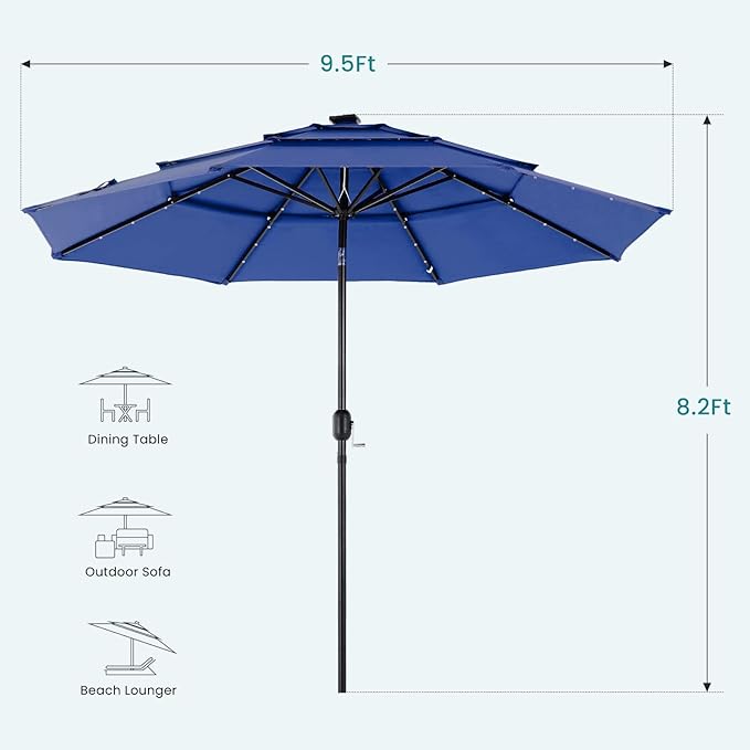DUMOS 10FT 3 Tier Patio Umbrella with 32 LED Lights, 8 Ribs Outdoor Table Umbrella with Crank, Waterproof Market Umbrella for Pool, Beach, Terrace and Outdoor Restaurant, Navy Blue