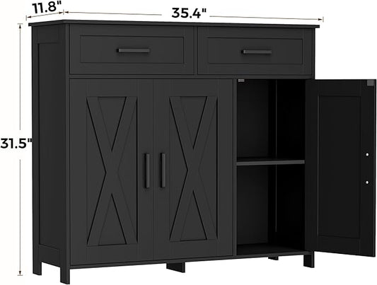 Homhedy Sideboard Buffet Cabinet, Coffee Bar Storage Cabinet with Drawers and Doors, Farmhouse Kitchen Cabinet with Adjustable Shelves, for Kitchen, Dining Room, Living Room, Black