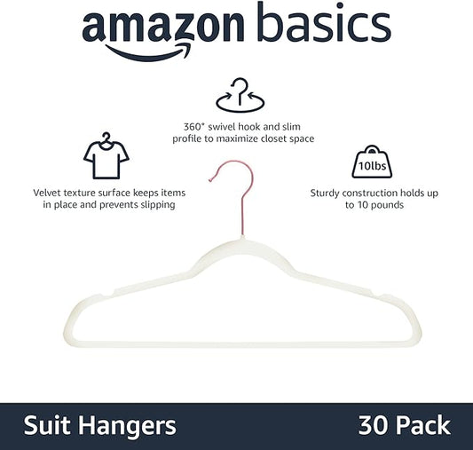 Amazon Basics Slim Velvet Non-Slip Space Saving Suit Clothes Hangers, Closet Organizer, Ivory/Rose Gold, 30-Pack
