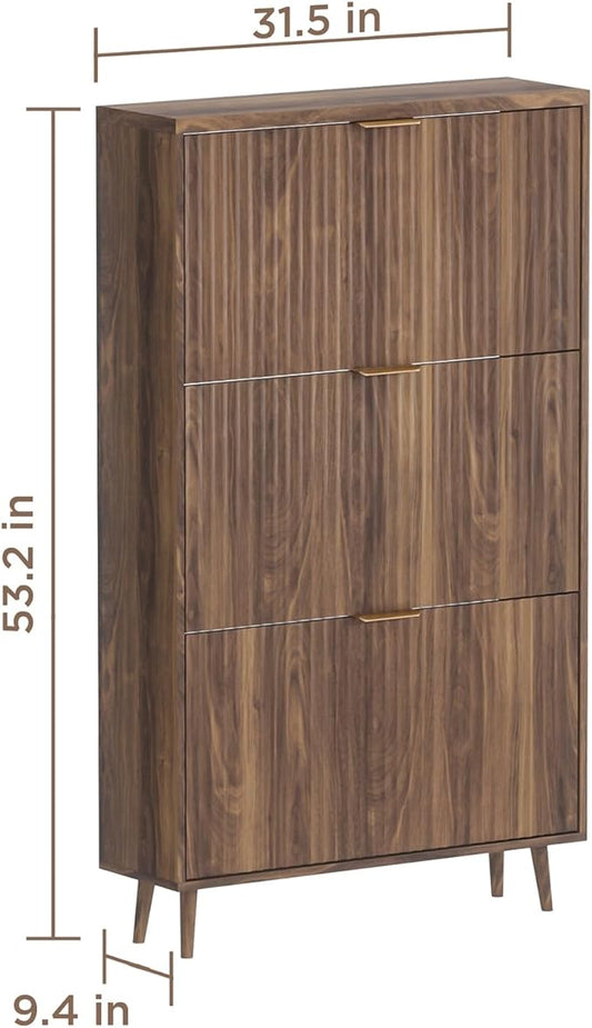 Shoe Cabinet Storage,Modern Freestanding Organizer with 3 Flip Drawers,Narrow Shoe Rack Cabinet for Entryway,Walnut