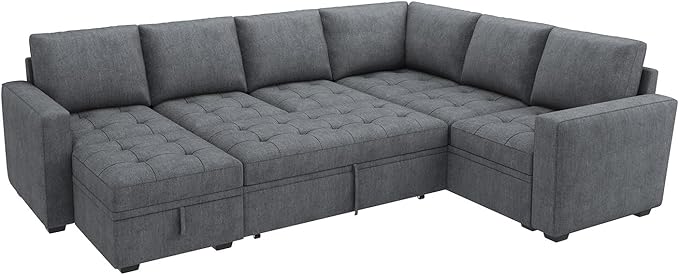 HONBAY Modular Sectional Couch with Pull Out Bed,Moduar Sleeper Sofa with Storage,U Shaped Sectional Couches for Living Room,Bluish Grey