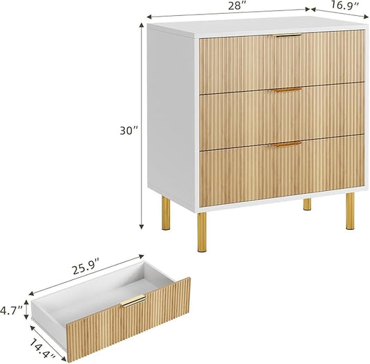 IDEALHOUSE Natural Dresser, Modern 3 Drawer Dresser for Bedroom with Gold Handle and Large Drawer, Wood Double Chest of Drawers and Storage Organizer for Living Room, Hallway, Entryway