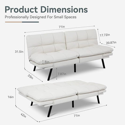 Futon Sofa Bed Convertible Couch, White Faux Leather Sofa Bed with Memory Foam, Adjustable Backrest & Armrests, Multifunctional Small Loveseat Sleeper Sofa for Living Room, Apartment, Office