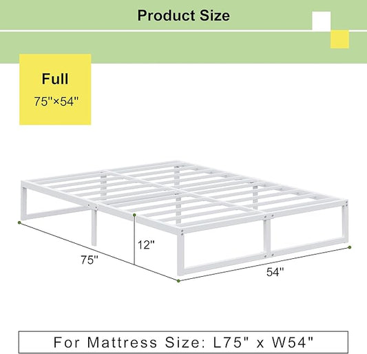 EMODA 12 Inch Full Size Bed Frame, Metal Platform Bed Frame Full No Box Spring Needed, Heavy Duty Steel Slats Support, Easy Assembly, Noise Free, White