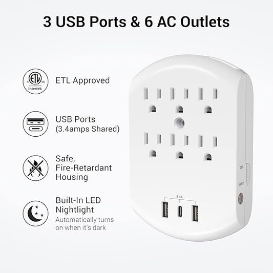 Clear Power 2-Pack USB Wall Charger, 6-Outlet Extender Wall-Tap with 2 USB Charging Ports(1 USB-C) & Nightlight, Multi-Plug Outlets, 3-Prong, White, DC3S-10052P-DC
