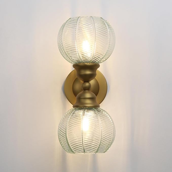 Pathson 2-Lights Vintage Wall Sconce with Green Leaf-Pattern Globe Glass, Double-Head Bathroom Vanity Lights Over Mirror, Brass Vintage Bathroom Sconce Lamp for Living Room Bedroom Above Mirror