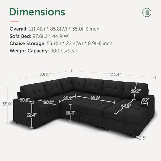 HONBAY Sectional Sleeper Sofa with Pull Out Bed, Sleeper Sectional Couch for Living Room, Sleeper Sofa Bed with Storage Chaise, Velvet Black