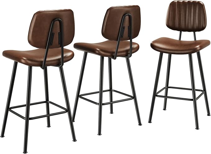 24-Inch Leather Bar Stools Set of 3, Counter Height Barstools with High Backrest,Bar Chairs for Kitchen Island with Heavy Duty Metal Legs, Dark Brown