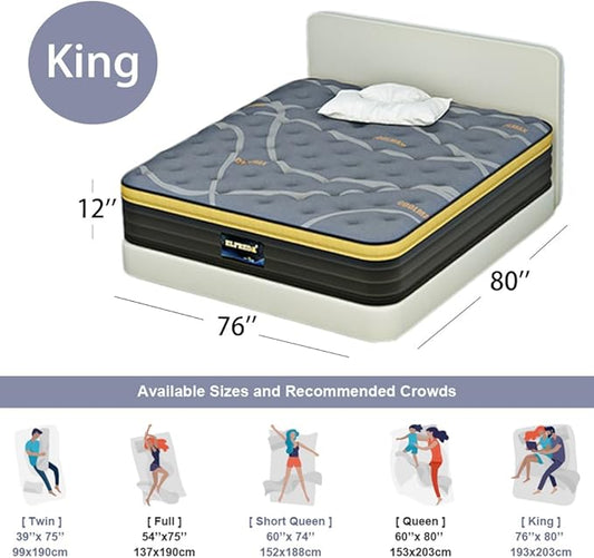Elfreda King Mattress, 12 inch Pillow Top Hybrid Mattress, Memory Foam and Pocket Spring Firm, Supportive & Pressure Relief King Size, Bed in a Bag