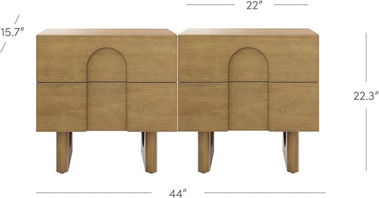 Nathan James Jett Mid Century Modern Nightstand or Bedside Table Set of 2, Wooden Bedside Table with Drawers and Arched Door Cutout, Light Brown