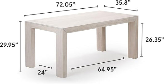 Plank+Beam 72 Inch Modern Solid Wood Dining Table - Solid Pine, Wirebrush Finish, Seats 6, Non-Toxic Finish, Easy Assembly, for Kitchen or Office, White Sand Wirebrush