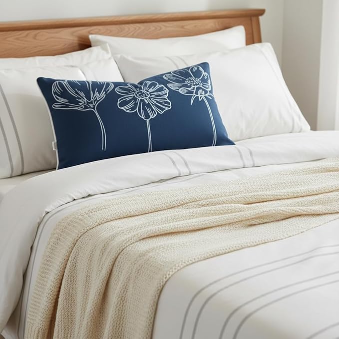 Sunkifover Decorative Floral Lumbar Pillow Cover 12x20 Inch Blue and White Cotton Embroidery Flower Throw Pillowcase Cushion Cover for Bed Bedroom, Living Room, Sofa