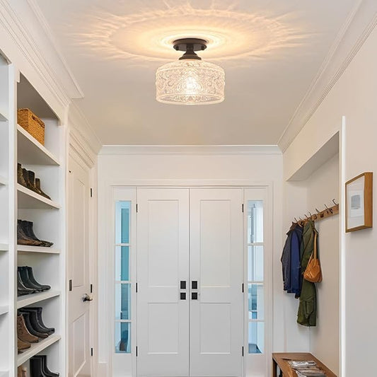 Small Semi Flush Mount Ceiling Light Fixture, Vintage Matte Black Close to Ceiling Lighting with Etched Glass Shade for Hallway, Kitchen, Entryway (Retro Design, Easy Install)