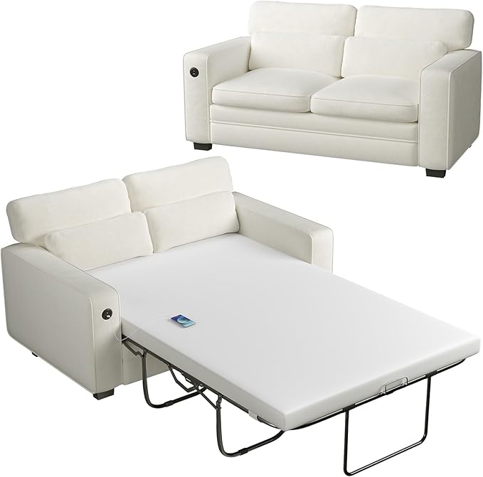 Marsail Pull Out Sofa Bed, Full Size Sleeper Sofa with Memory Foam Mattress, 2 USB Charging and Removable Covers, Loveseat for Living Room, Apartment, Supports 600 LBS, Chenille Fabric, White