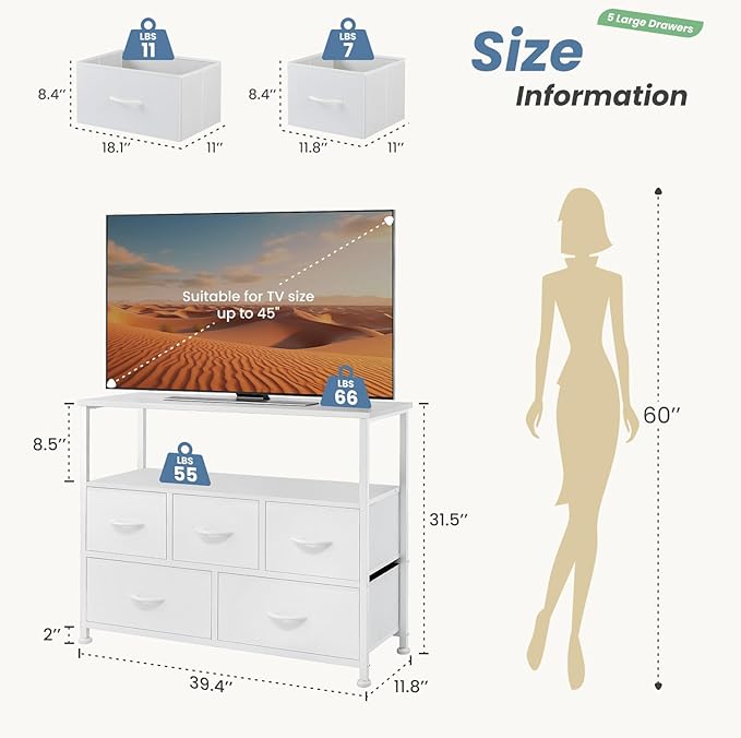 NEWBULIG 5 Drawer TV Stand with Wood Top, Entertainment Center for 45 inch TVs & Fabric Storage Organizer, Adjustable Feet, for Bedroom & Living Room,White02