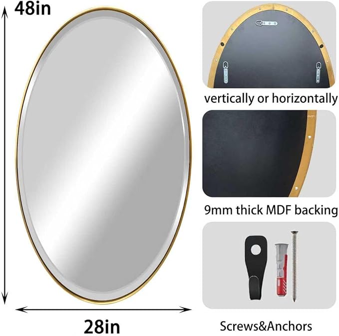 POZINO Oval Beveled Mirror, 28"x48" Brushed Gold Wall Mirror with Stainless Steel Frame, Modern Vanity Mirrors for Bathroom Living Room Bedroom Entryway Fireplace, Hangs Vertically or Horizontally