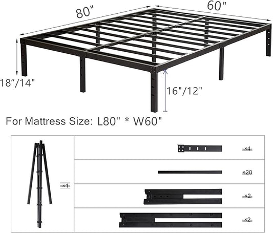 Queen Size Bed Frame 18 inch Tall, 3500lbs Heavy Duty Metal Platform with Steel Slats Support, No Box Spring Needed, 18-inch Bedframe with Ample Storage, Sturdy and Noise-Free, Black