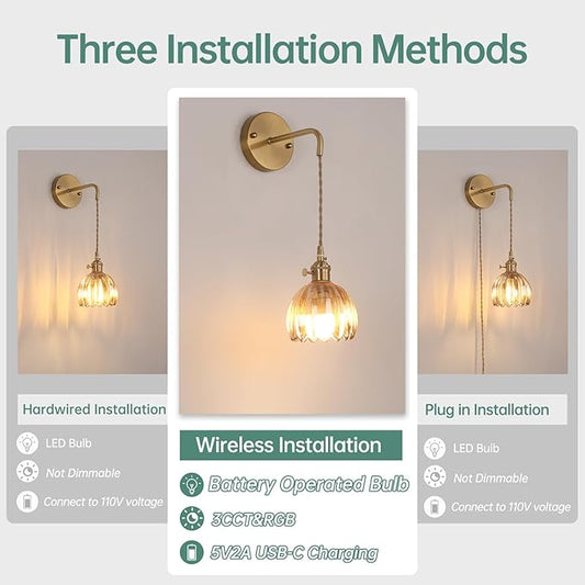 Battery Operated Wall Sconce with Amber Tulip Shade Pattern Glass Adjustable Chain Retro Gold Wall Mounted Light, Modern Wall Decor for Bedside Bedroom Indoor Doorway, Set of 2