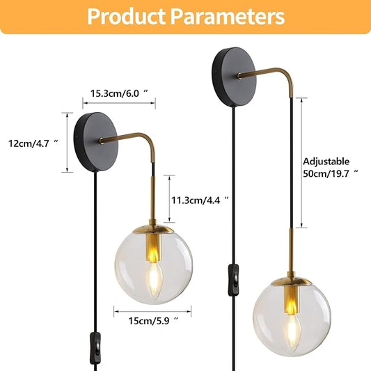 Wall Sconces Set of Two Black and Brass Plug in Wall Sconces Set of 2 with Globe Clear Glass Shade Wall Lights Wall Lamps for Bedrooms Sconces Wall Decor Set of 2 with Plug in Cord Switch