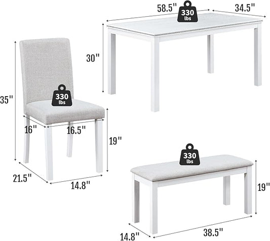 6-Piece Solid Wood Dining Table Set, Including 1 Dining Table, 4 Upholstered Chairs and 1 Bench, Wooden Legs Dining Table Set for Dining Room, Kitchen, Restaurant, White Diamond