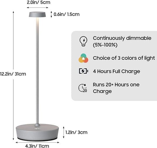 Cordless LED Table Lamp,Rechargeable Battery Desk Lamps, 3 Color Stepless Dimmable Metal Battery Table Lamps, Portable Waterproof Table Light for Indoor/Outdoor/Restaurant (2Pack Gray)