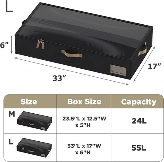 Under Bed Storage, Under Bed Storage Containers Bins for Clothes, Large Linen Underbed Closet Organization Bins, 2 Pack Collapsible Underbed Bin Dorm for Clothes, Sweater, Black
