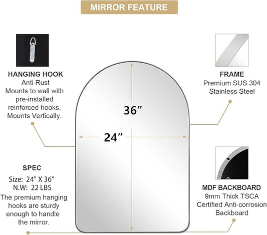 ANDY STAR Arched Mirror, 24 x 36 Inch Polished Chrome Bathroom Mirror with Stainless Steel Metal Frame, Arch Top Rounded Corner 1 Inch Deep Set Design Wall Mount Hangs Vertical