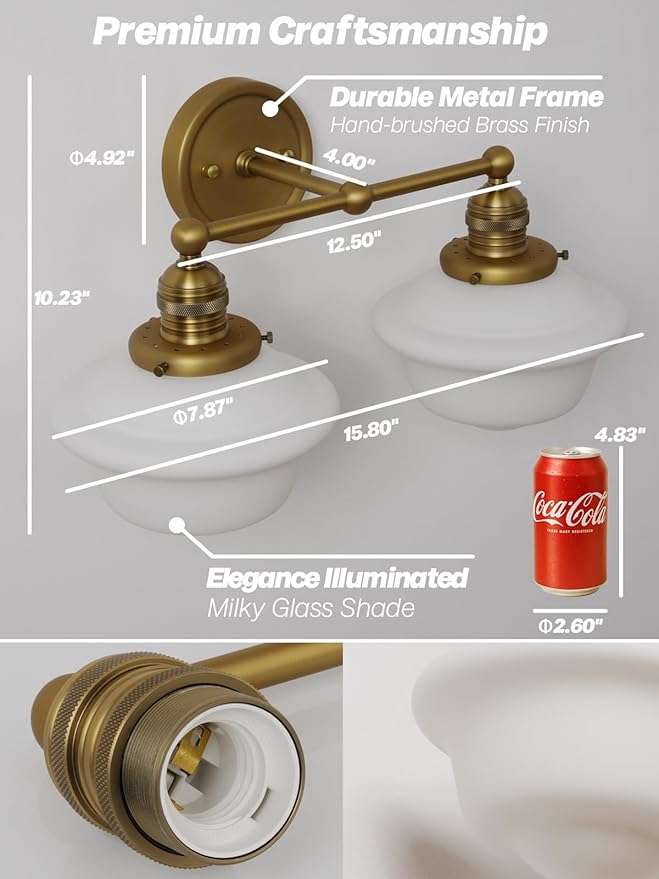 Vintage 2-Lights Wall Sconce Lights Brass Gold Bathroom Vanity Light with Milk Glass Double Sconce Wall Mounted Lamp for Bedroom Living Room Bathroom Mirror Kitchen Hallway Hardwire